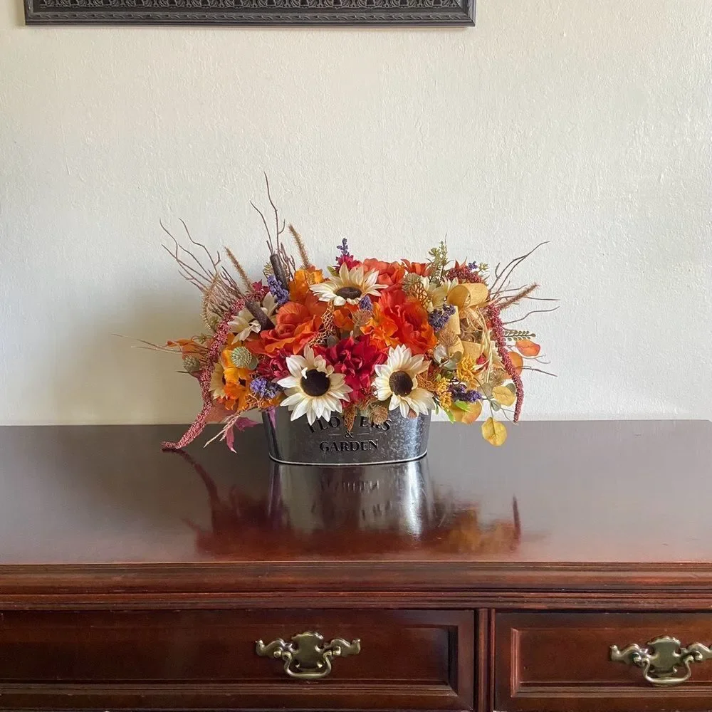 Faux Floral Bouquet With Orange Roses/Cream Sunflowers